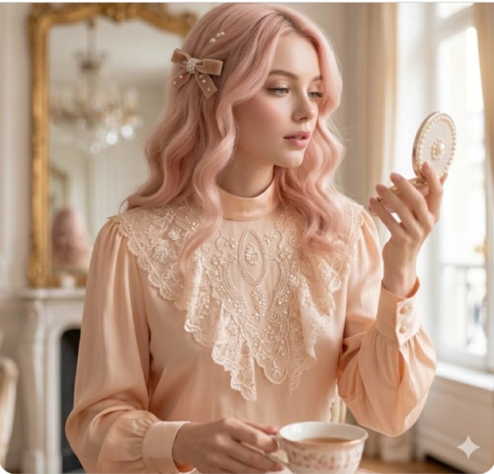 Carry Back Vintage Peach Silk Lace Yoke Victorian Button Back Blouse Coquette